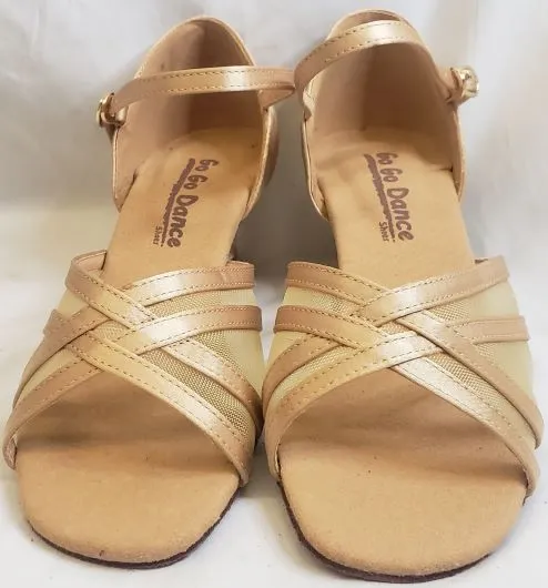 Date night 1.3" Harla -- Women's Thick Heel Latin Sandal -- Light Tan Satin