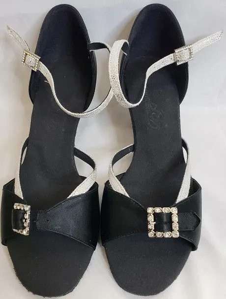 2.25" Elise -- Wide Heel Latin Sandal -- Black/Silver Stable Core