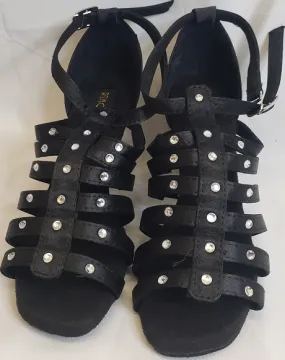 Daily Chill Park Step 2.38" Shamie -- Flare Heel Latin Sandal -- Black Satin