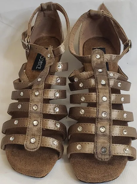 Durable Material Comfort Lining 2.38" Shamie -- Flare Heel Latin Sandal -- Bronze Satin