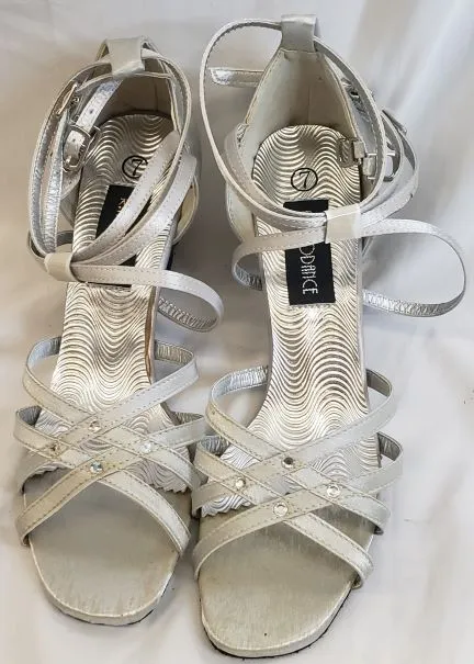 Ultra Light Airport Travel 2.38" Sonia -- Flare Heel Latin Sandal -- Silver Satin