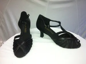 Ventilated Mesh Cold Weather Synthetic 2.5" Angelina -- Flare Heel Latin Sandal -- Black Satin