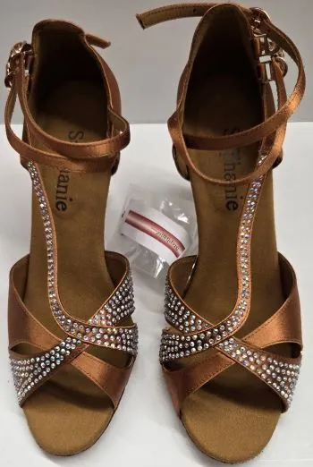 Waterproof Travel Light 2.5" Dominique -- Women's Gold Flare Heel Latin Sandal -- Dark Tan Satin/Gold Heel