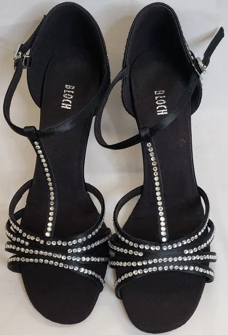 River Cross 2.5" Guilia -- Flare Heel Latin Sandal with Rhinestones -- Black Satin