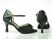 Hiking Mood 2.5" Katie -- Flare Heel Latin Sandal -- Black Foil Crepe/Black Patent PU with Black Patent Heel