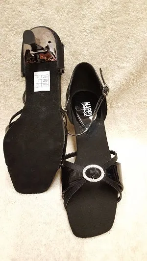 2.5" Savannah -- Flare Heel Latin Sandal -- Black Satin/ & Black Patent/Dark Silver Heel World Walk
