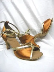 Action Ready Breathable Daily Walk 2.5" Shantal -- Flare Heel Latin Sandal -- Dark Tan Satin/Gold Trim
