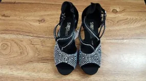 2.5" Virginia -- Women's Silver Flare Heel Latin Sandal -- Black Satin Sport Active