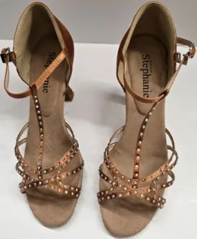 Green Core 2.75" Norma -- Women's Flare Heel Latin Sandal -- Dark Tan Satin