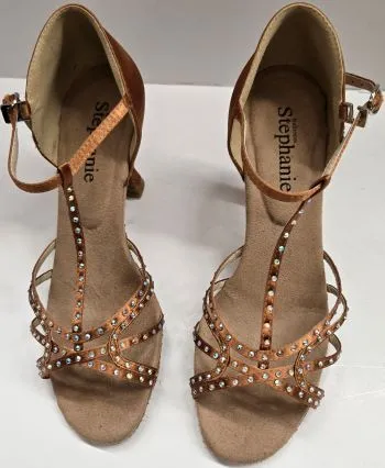 Forest Path On Trend 2.75" Norma -- Women's Flare Heel Latin Sandal -- Dark Tan Satin