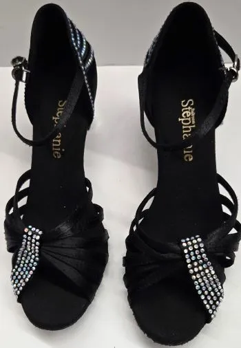 2" Sabrina -- Women's Silver Flare Heel Latin Sandal -- Black Satin Dynamic Edge