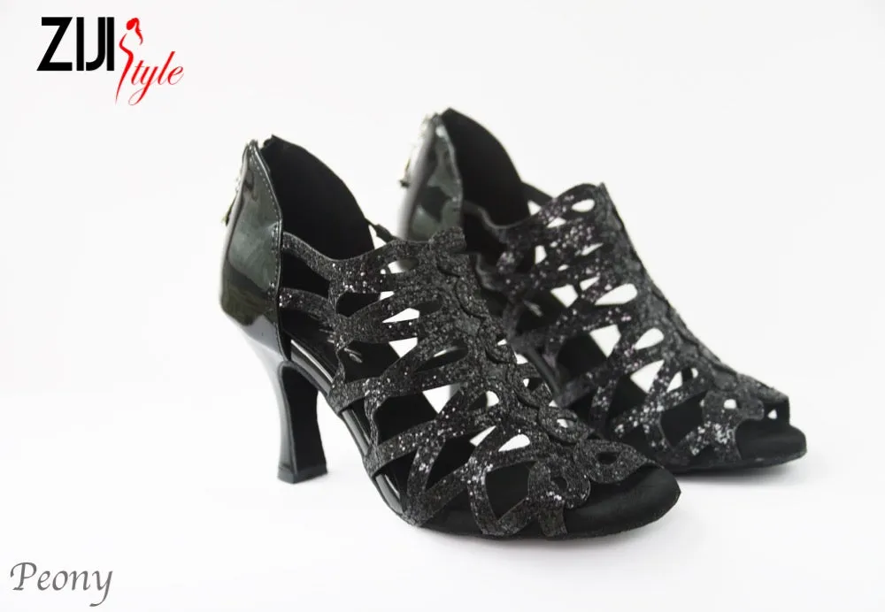 3.25" Peony -- Women's Latin Sandal -- Black Sequins Lightweight Form Casual Wear Ultra Light Urban Walkers