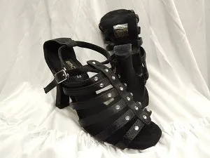 3.38" Brittany -- Flare Heel Latin Sandal -- Black Satin Court Fast