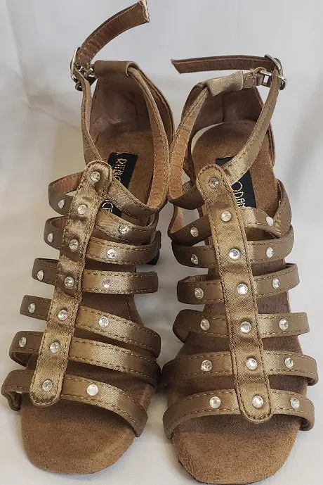 Comfort Fit Non Slip Standing Workers 3.38" Brittany -- Flare Heel Latin Sandal -- Bronze Satin