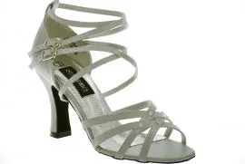 Boat Walk 3.38" Vera -- Flare Heel Latin Sandal -- Silver Satin