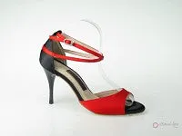3.5" Juanita -- Ultra Slim Heel Latin Sandal -- Red & Black Satin with Black Patent Heel Season Ease All Terrain Urban Walkers