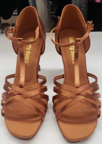 Quick Dash 3" Ebba -- Women's Latin Sandal -- Dark Tan Satin