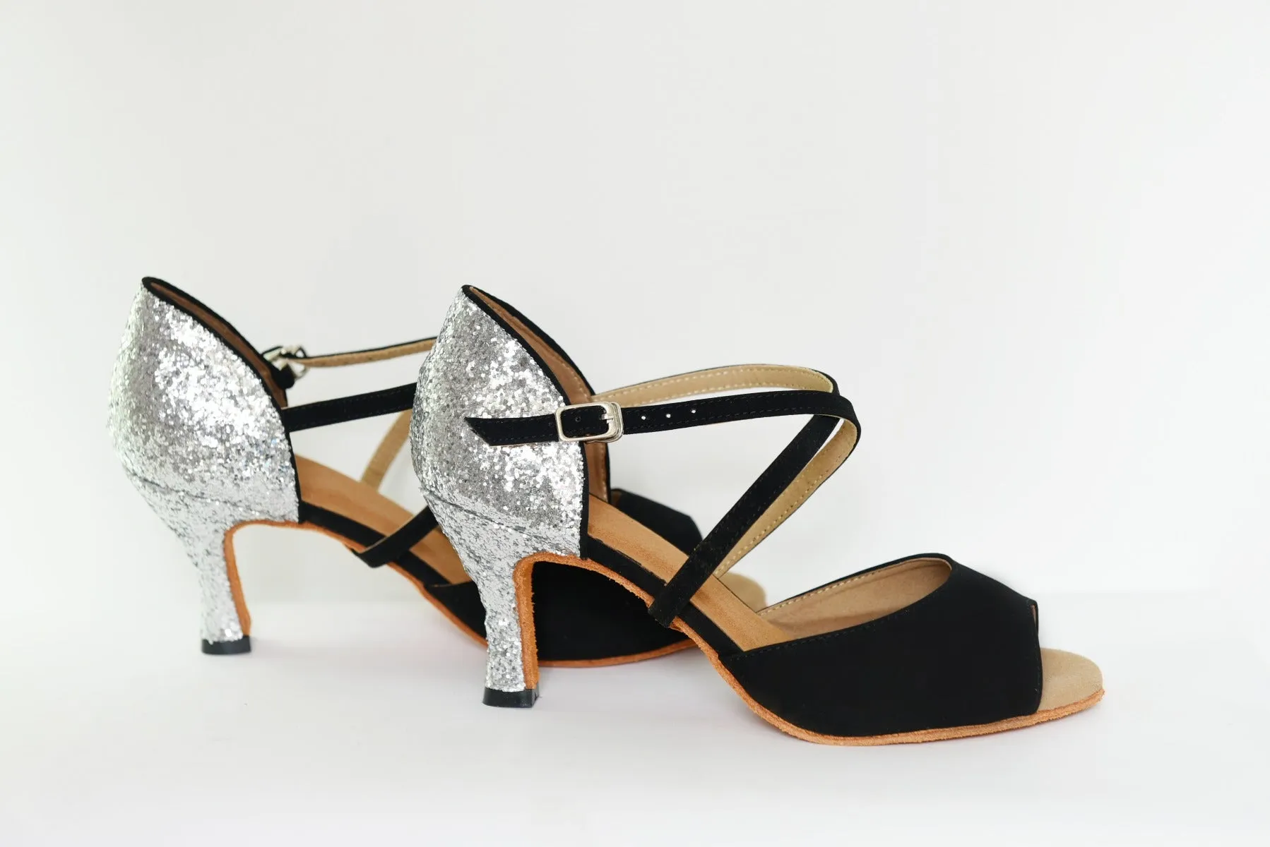 Feather Light Cold Weather 3" Jasmine -- Women's Latin Sandal -- Black Suedine/Silver Glitter