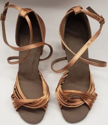 3" Jessica III -- Women's Latin Ballroom Sandal -- Tan Satin Cushioned Base Busy Professionals