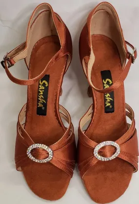 Casual Move Dual Tone 3" Margarita -- Flare Heel Latin Sandal -- Dark Tan Satin