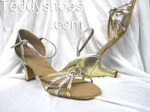 3" Marianne -- Flare Heel Latin Sandal -- Gold/Silver Foot Support Memory Foam Wellness Seekers