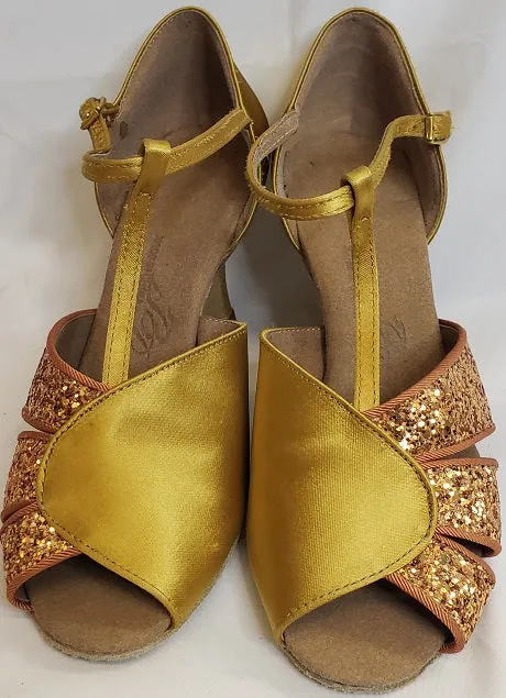 Cold Safe Sea Breeze 3" Maureen -- Flare Heel Latin Sandal -- Tan Satin/Dark Tan Glitter