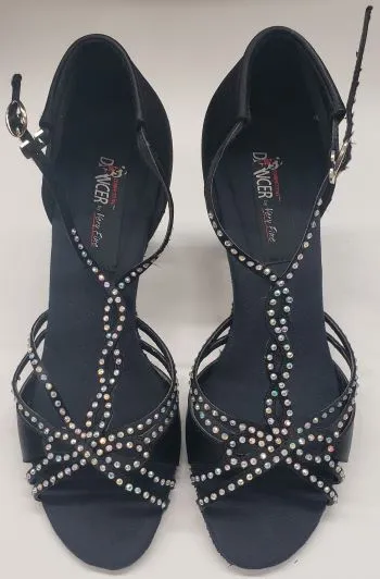 3" Rosaly -- Women's Latin Ballroom Sandal -- Black Satin Sweat Resistant Frequent Travelers Torsion control
