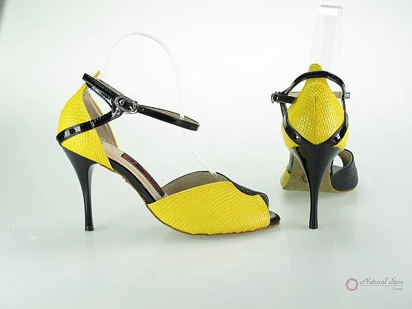 3.5" Irene -- Ultra Slim Heel Latin Sandal -- Yellow/ Black Snake Paint PU with Black Patent Heel Stone Glam Pose Ready