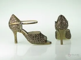 Kick Power 3" Lana -- Slim Heel Latin Sandal -- Brown Net Glitter & Bronze Embossed PU