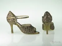3" Lana -- Slim Heel Latin Sandal -- Brown Net Glitter & Bronze Embossed PU Club Night Comfort Step