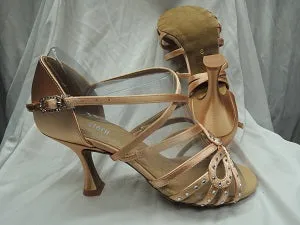 2.5" Hope -- Flare Heel Latin Sandal with Rhinestones -- Tan Satin Campus Cool Retro Core