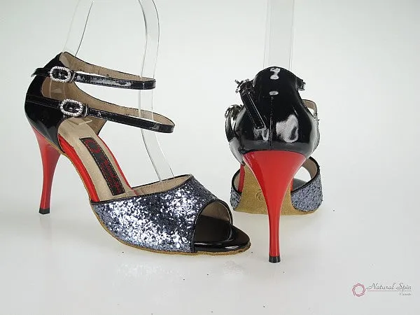 Harbor Mood Padded collar 3.5" Bonnie -- Ultra Slim Heel  Latin Sandal -- Black Patent/Gun Metal Glitter with Red Heel
