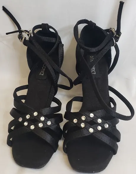 2.38" Brandy -- Flare Heel Latin Sandal -- Black Satin Enhanced grip