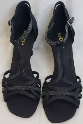 2.5" Tammy -- Flare Heel Latin Sandal -- Black Satin/Glitter All Day Weekend Warriors