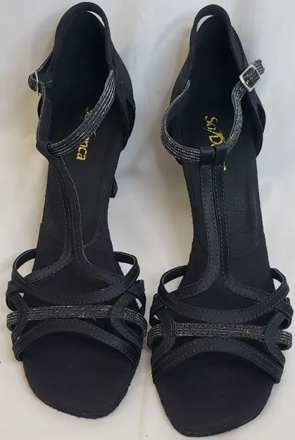 2.5" Tammy -- Flare Heel Latin Sandal -- Black Satin/Glitter Light Run Magic Mood