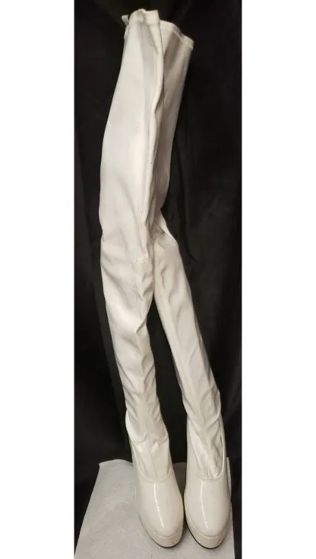 5" Thrill -- Women's Thigh High Platform Dress Boot -- White Patent Soft Heel