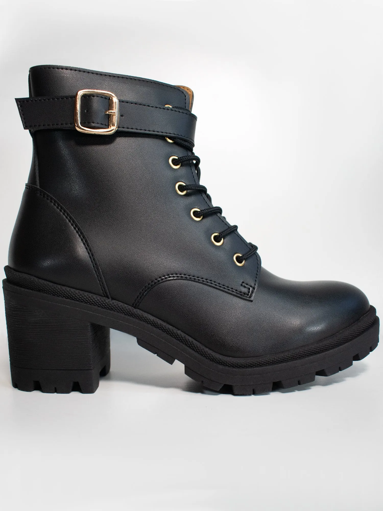Metallic Buckle Hunting Trip Lace Up Track Sole Booties