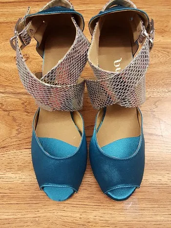 3.5" Jorjet -- Women's Flare Heel Latin Sandal -- Teal Satin/Pewter Snake All Weather Everyday Users