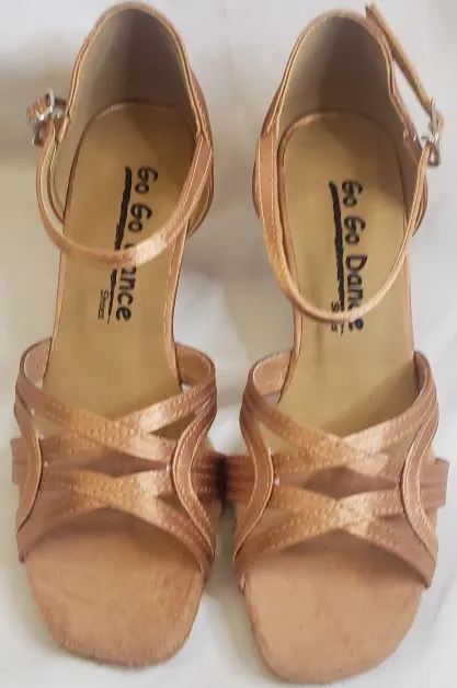 Calm Step Wide Path 2.5" Cynthia -- Women's Flare Heel Latin Sandal  -- Tan Satin