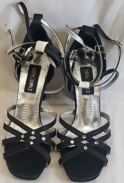 Island Step Comfortable Insole 3.38" Vera -- Flare Heel Latin Sandal -- Black Satin