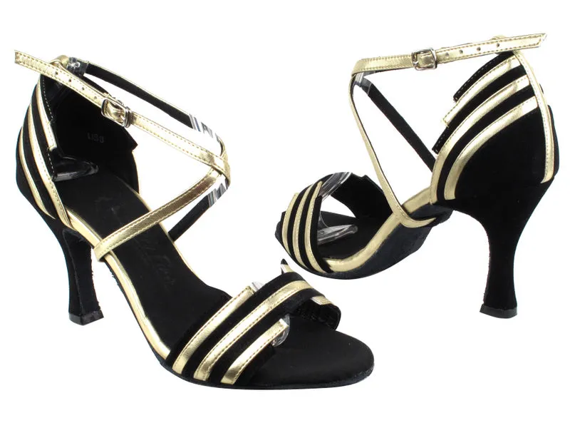 3" Brianna -- Women's Flare Heel Latin Sandal -- Black Suede/Gold Craftsmanship