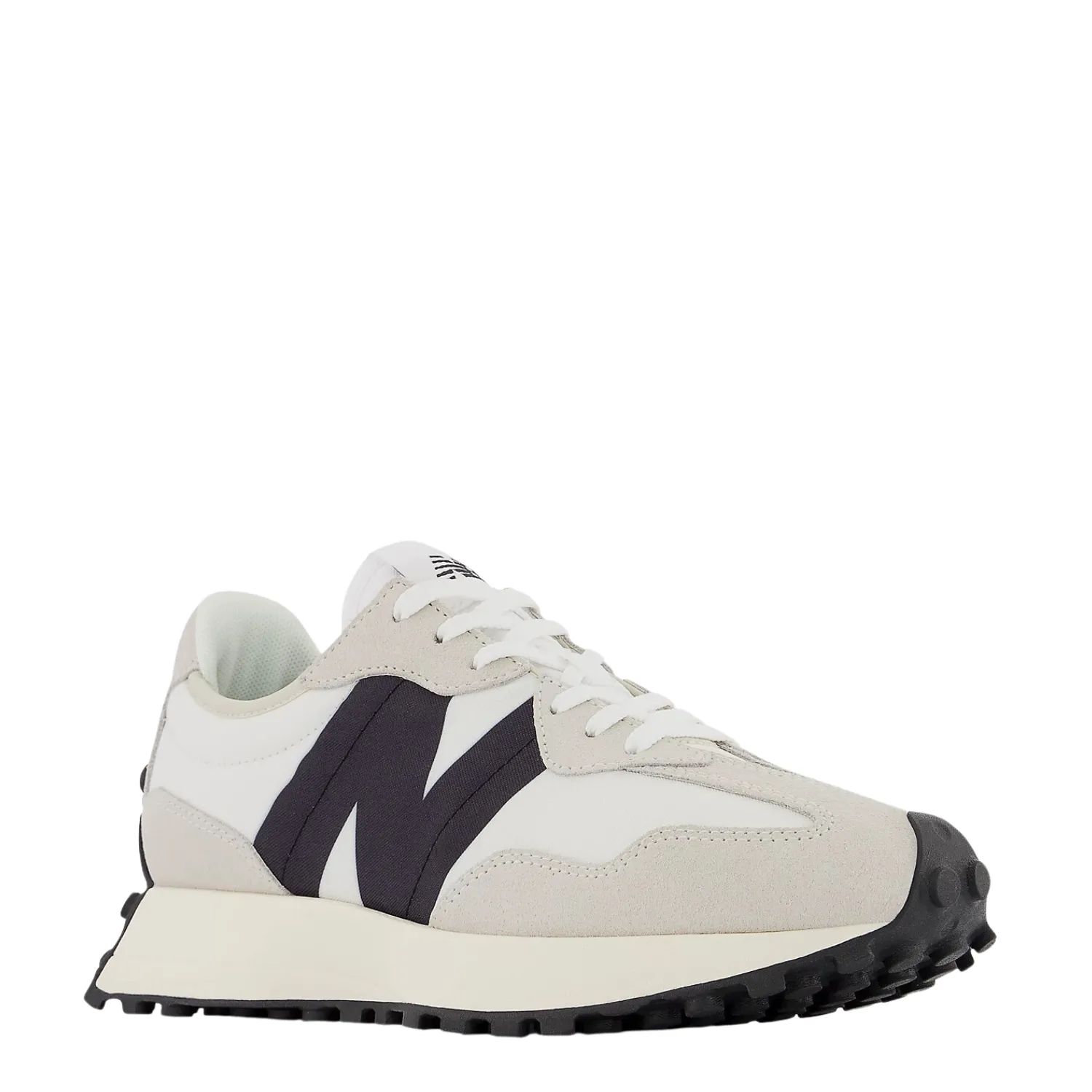 Heritage Line slow walk New Balance Women's 327 in Sea Salt with White and Black Rock-Resistant