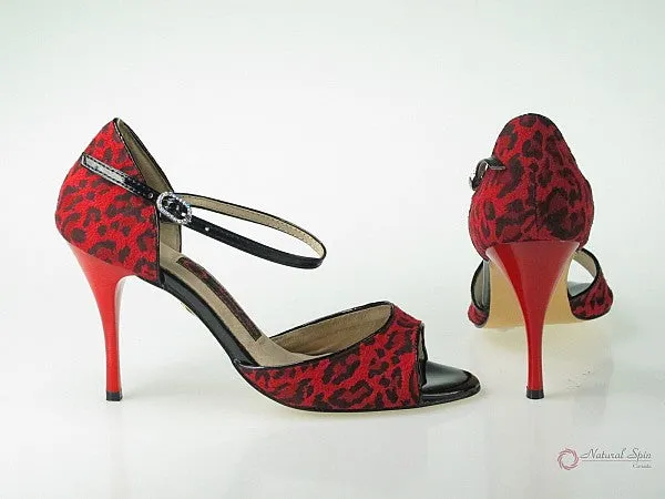 3.5" Lilly -- Ultra Slim Heel Tango Shoe -- Red Leopard Micro Suede Italian Glam