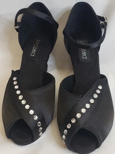 All Terrain Stylish Commuters Stretch Fabric Work Commute 2.38" Charlotte -- Closed Back/Open Toe Ballroom Shoe -- Black Satin