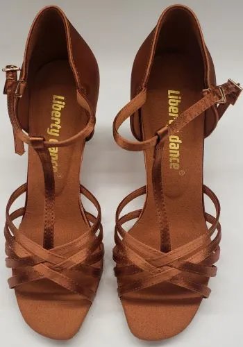 Bright Neon 2.5" Ebba -- Women's Latin Sandal -- Dark Tan Satin