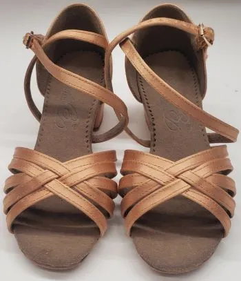 1.33" Suele -- Girl's Block Heel Latin Sandal -- Tan Satin Cushioned Base Health Focused All Day Beach Walk