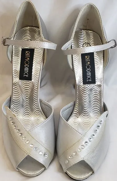 3.38" Hilda -- Closed Back/Open Toe Ballroom Shoe -- Silver Satin Cushioned
